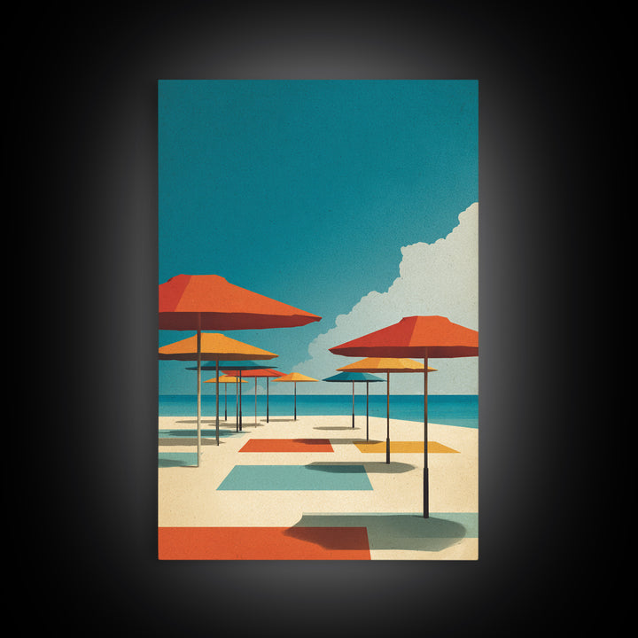 Retro Orange Beach Umbrellas Wall Art, Midcentury Modern Canvas Print, Coastal Poster, Bold MCM Living Room Home Wall Decor