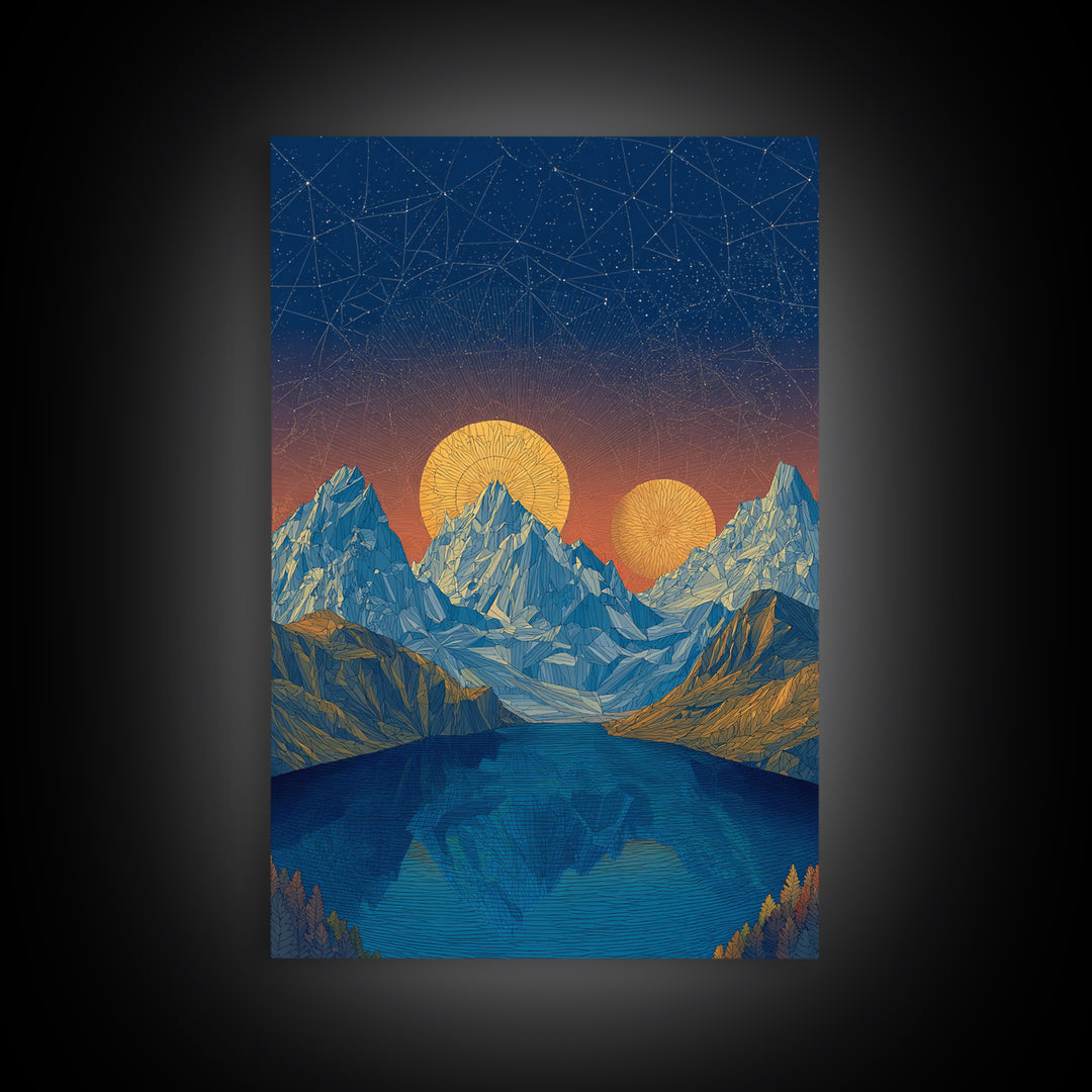 Starry Alpine Lake Framed Canvas Print, Blue Mountain Sunset Wall Art, Midcentury Modern Travel Poster For Cabin Home Decor