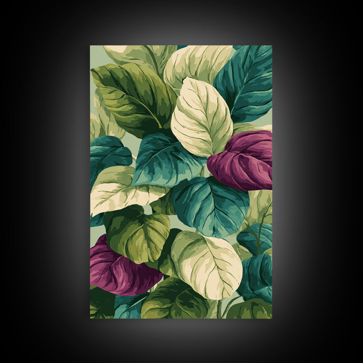 Lush Tropical Calathea Leaves Framed Canvas Print, Botanical Wall Art, Green Purple Nature Decor, Modern Home Art Prints