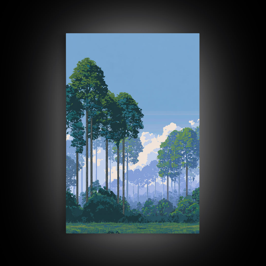 Misty Tall Pine Forest Canvas Print, Blue Sky Landscape Art, Scenic Nature Wall Decor, Modern Office Living Room Art Print