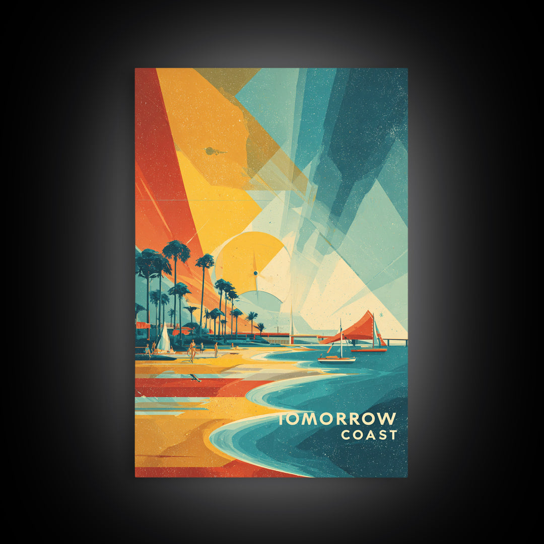 Tomorrow Coast Futuristic Beach Wall Art, Retro Travel Poster, Palm Springs Sailboat Canvas Print, Midcentury Modern Home Decor