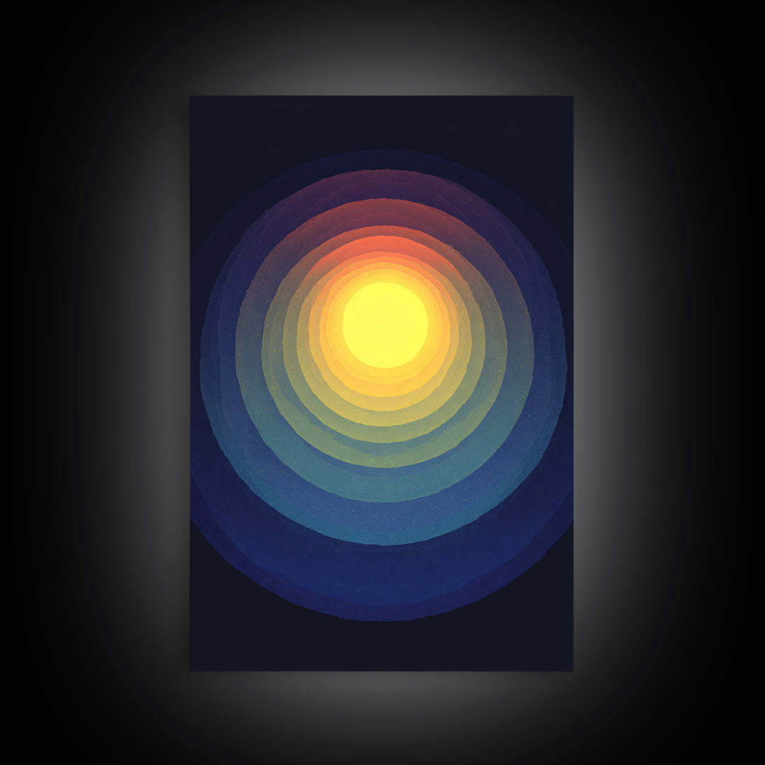 Radiant Yellow Concentric Sun Canvas Print, Midcentury Modern Art, Cosmic Abstract Wall Decor, Blue Retro Living Room Poster