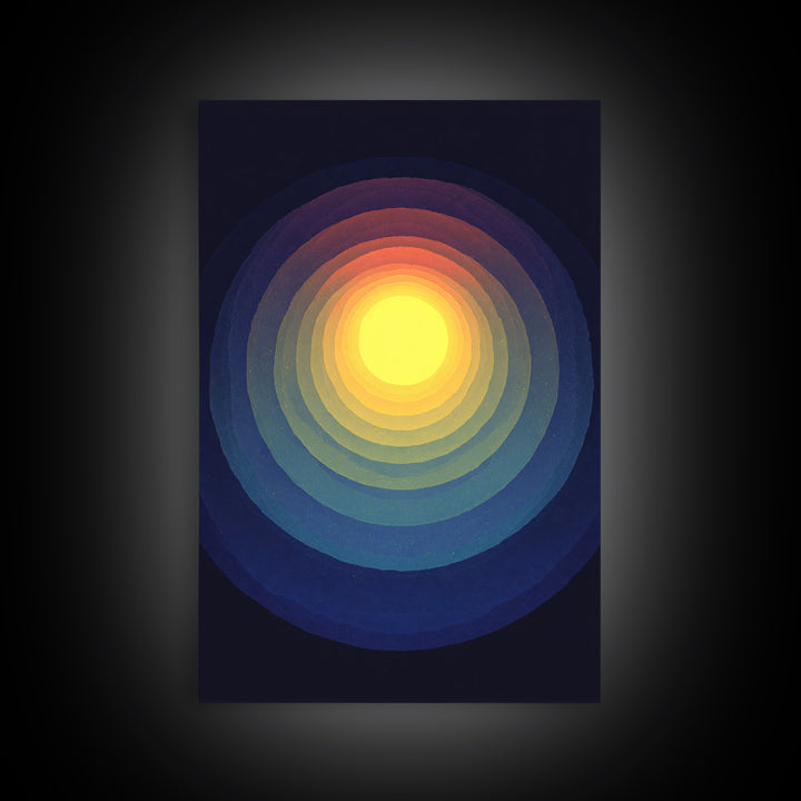Radiant Yellow Concentric Sun Canvas Print, Midcentury Modern Art, Cosmic Abstract Wall Decor, Blue Retro Living Room Poster