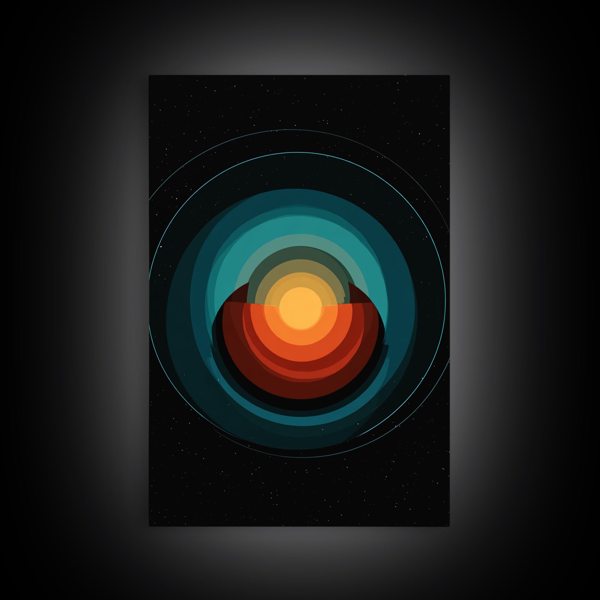 Teal Orange Eclipse Planet Framed Canvas Print, Midcentury Modern Wall Art, Space Abstract Poster, Retro MCM Home Decor Art