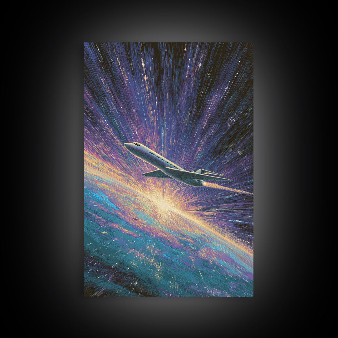 Cosmic Airplane Warp Speed Wall Art, Retro Sci Fi Travel Poster, Modern Art Print, Colorful Space Abstract Office Decor Art