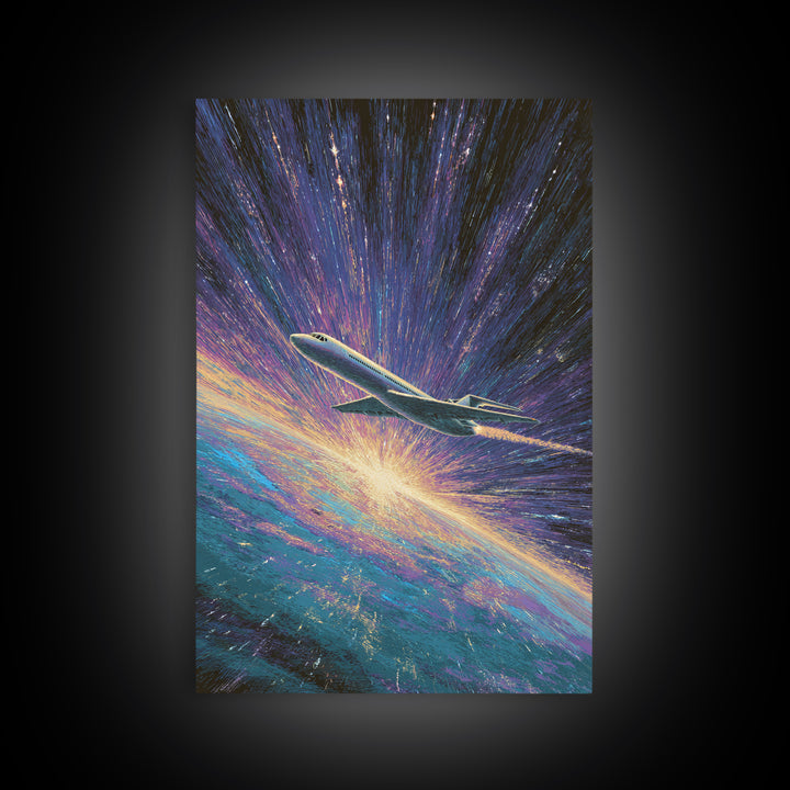 Cosmic Airplane Warp Speed Wall Art, Retro Sci Fi Travel Poster, Modern Art Print, Colorful Space Abstract Office Decor Art