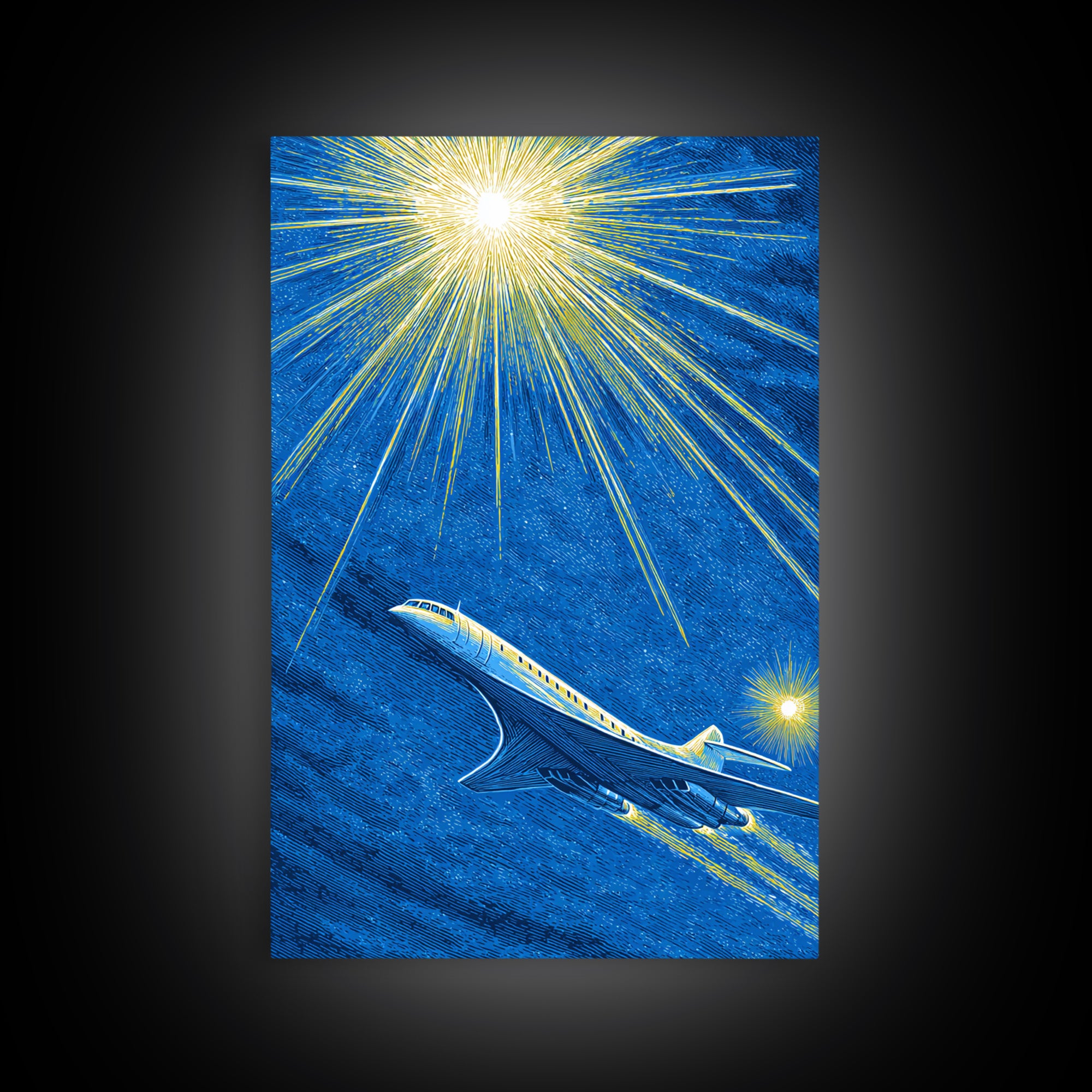 Blue Jet Under Radiant Starburst Framed Canvas Print, Retro Travel Poster, Midcentury Modern Wall Art, Aviation Office Decor