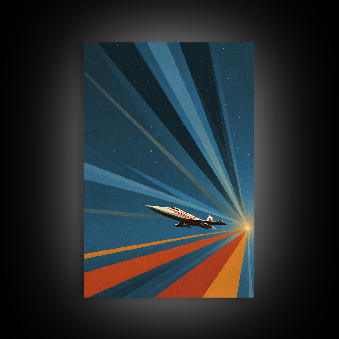 Retro Jet Plane Racing To Sunrise Canvas Print, Midcentury Modern Wall Art, Atomic Space Poster, Aviation Office Decor Gift
