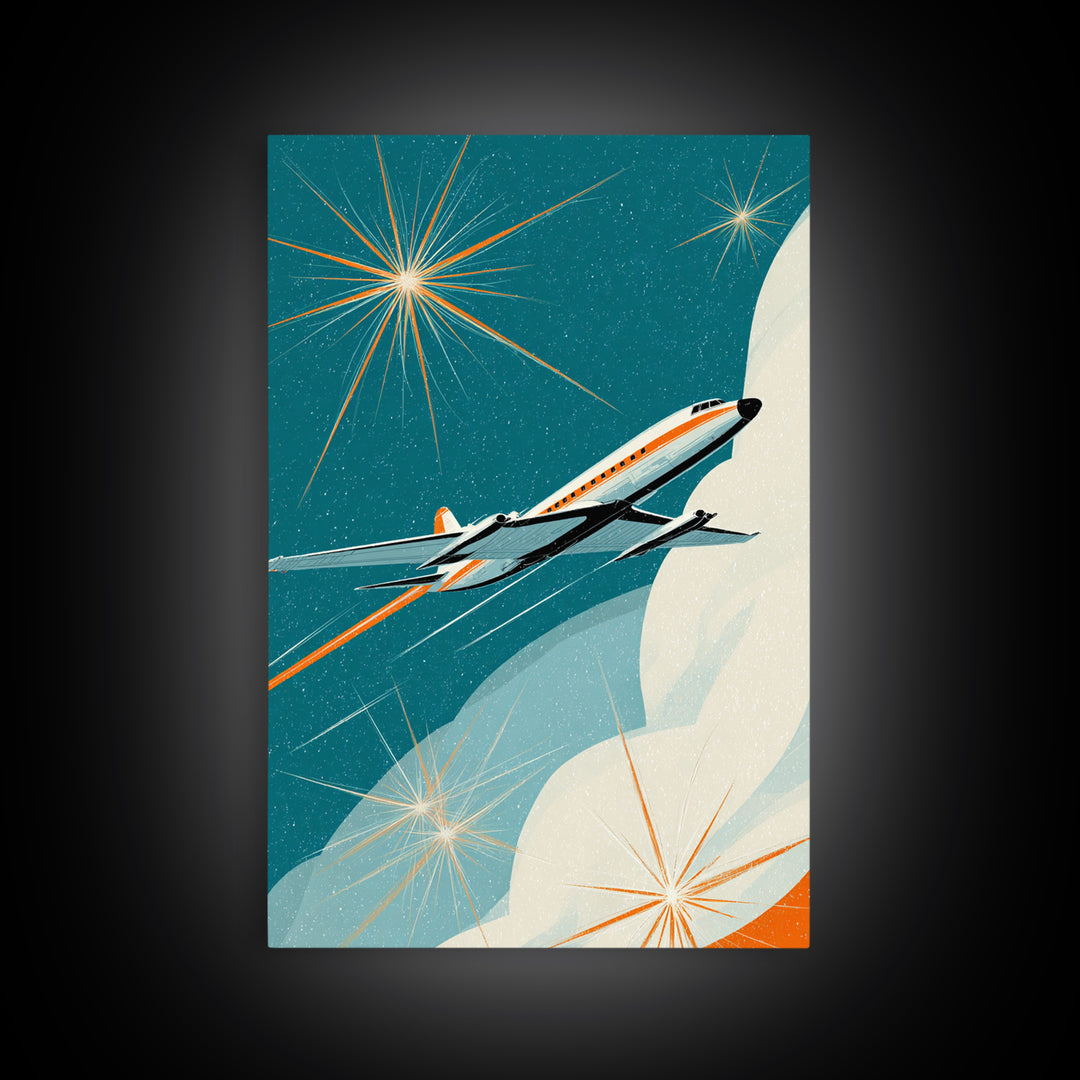 Sleek Retro Jet Over Moon Wall Art, Midcentury Modern Art Print, Atomic Space Poster, Aviation Office Decor Gift For Living Room