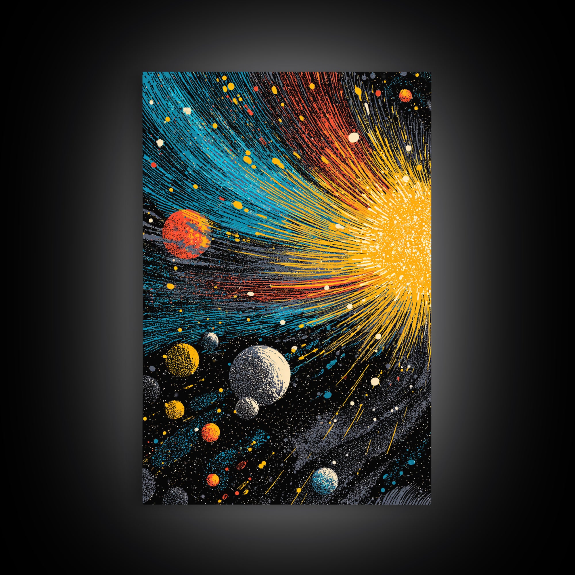 Exploding Solar System With Colorful Planets Framed Canvas Print, Midcentury Modern Wall Art, Retro Space Decor Poster Gift