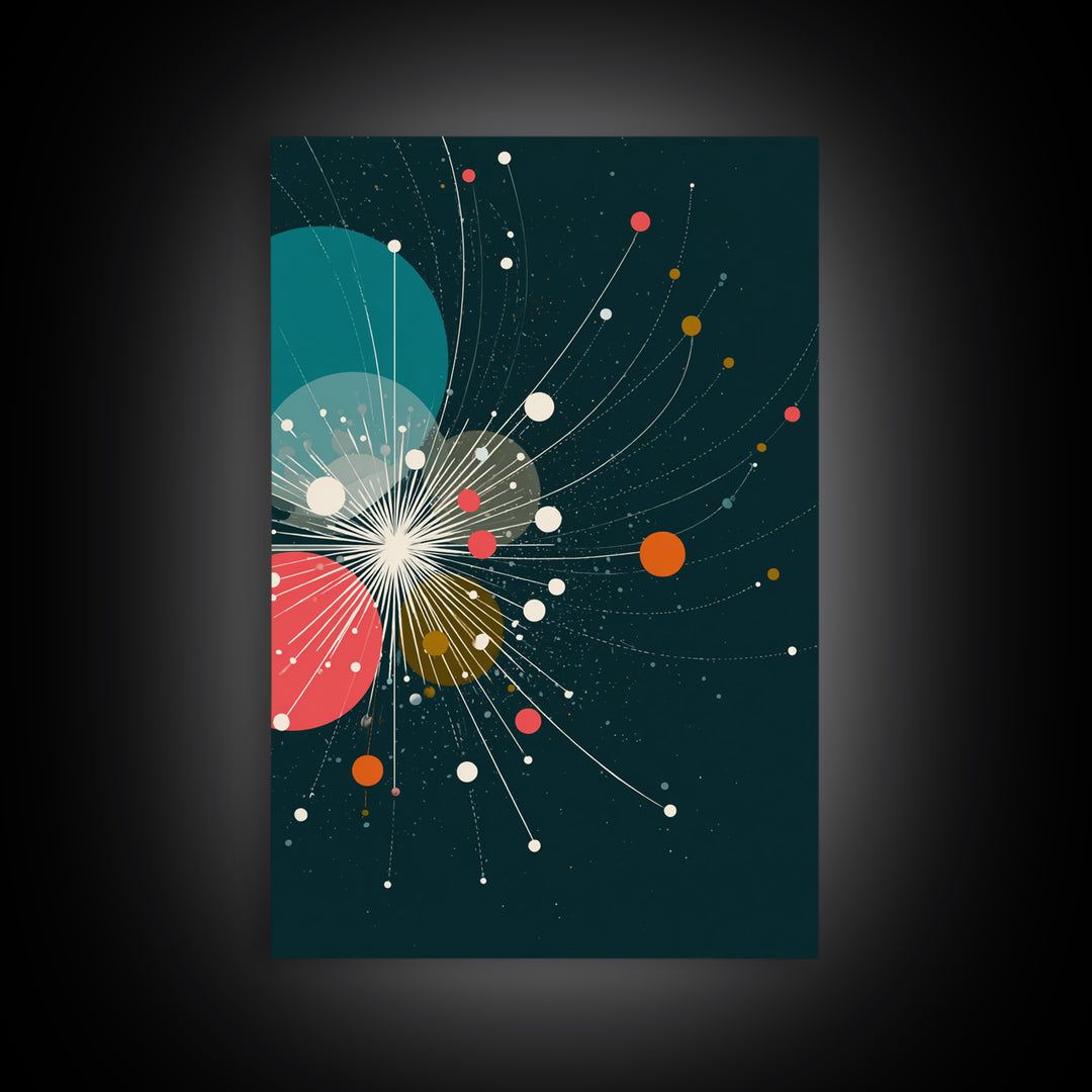 Abstract White Starburst With Floating Orbs Wall Art, Midcentury Modern Abstract Art Print, Teal Retro Space Office Decor