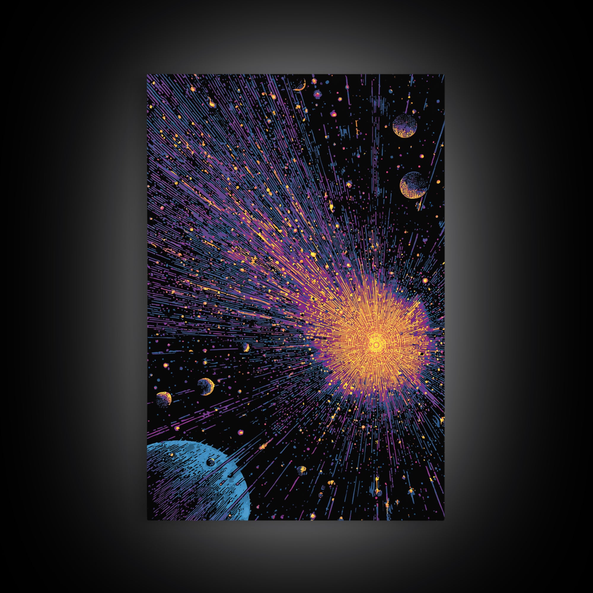 Brilliant Space Explosion With Orbiting Planets Canvas Print, Midcentury Modern Wall Art, Retro Sci Fi Poster For Office Decor