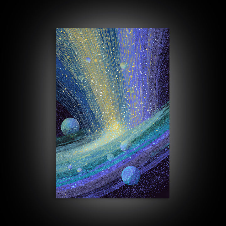 Surreal Ringed Planet With Blue Light Trails Framed Canvas Print, Midcentury Modern Wall Art, Cosmic Retro Space Decor Gift