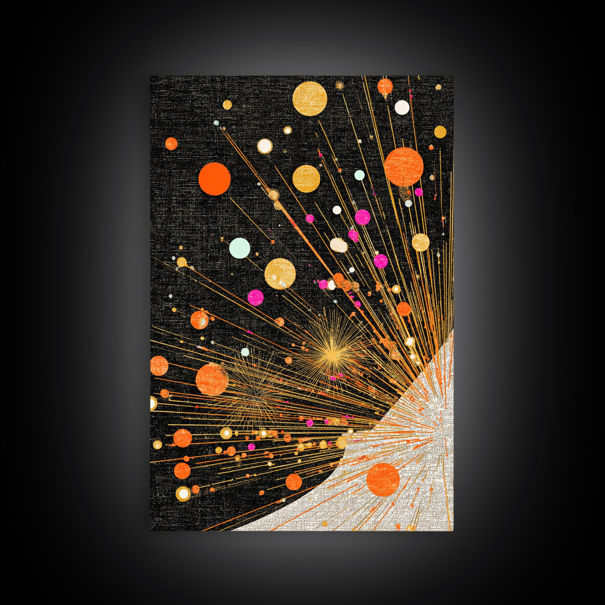 Orange Planet Burst On Black Canvas Print, Midcentury Modern Wall Art, Atomic Retro Space Poster, Geometric Office Decor