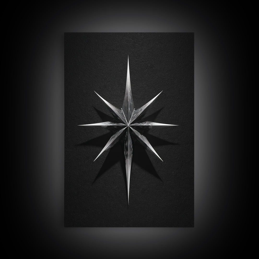 Black Silver Eight Point Starburst Wall Art, Midcentury Modern Art, Geometric Wall Decor, Minimalist Print, Office Decor