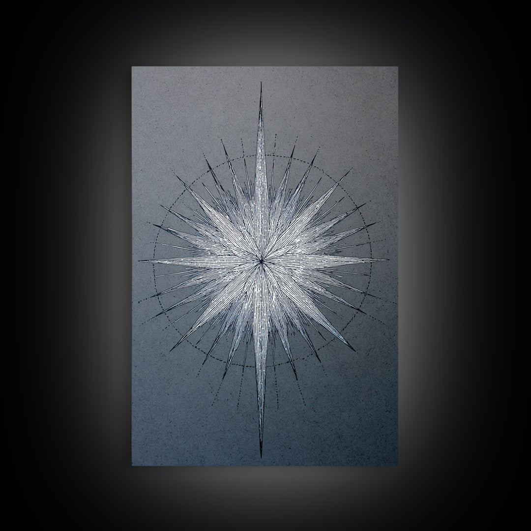 White Silver Radial Starburst Canvas Print, Midcentury Modern Art, Geometric Wall Art, Abstract Print, Blue Office Decor
