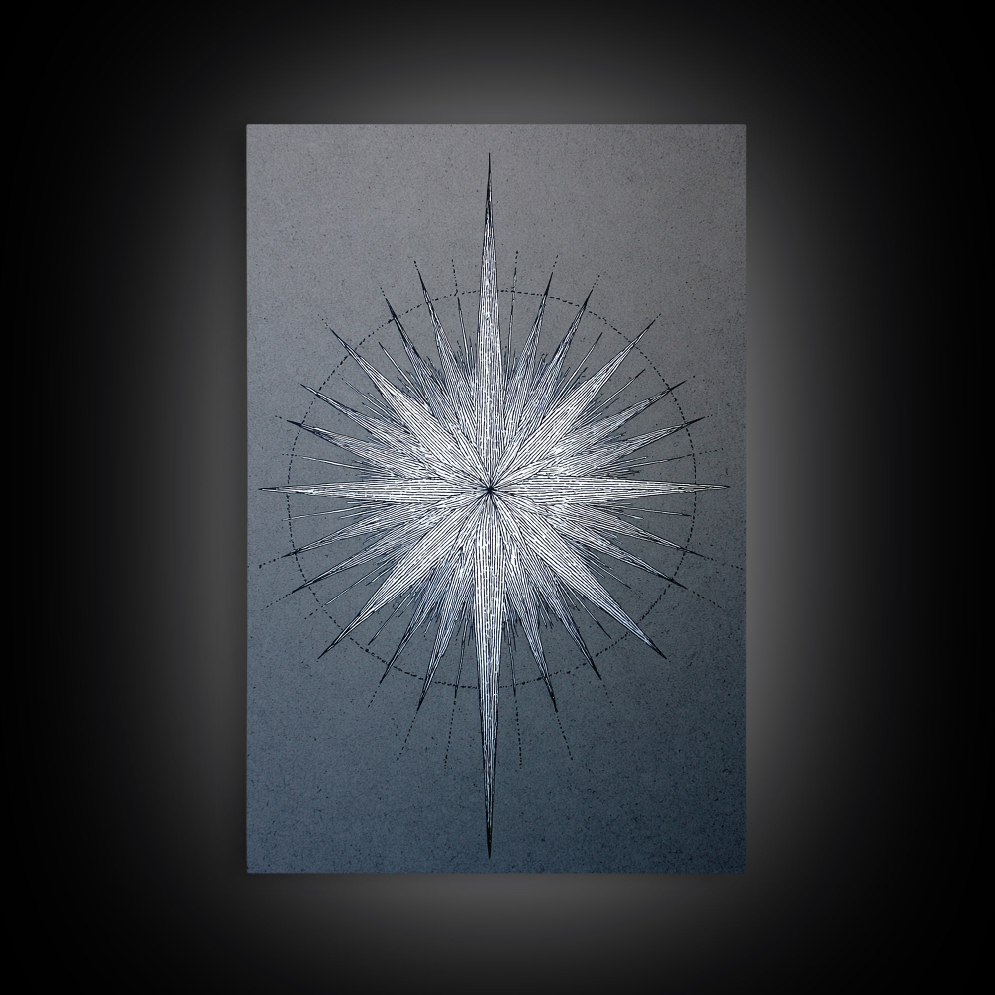 White Silver Radial Starburst Canvas Print, Midcentury Modern Art, Geometric Wall Art, Abstract Print, Blue Office Decor