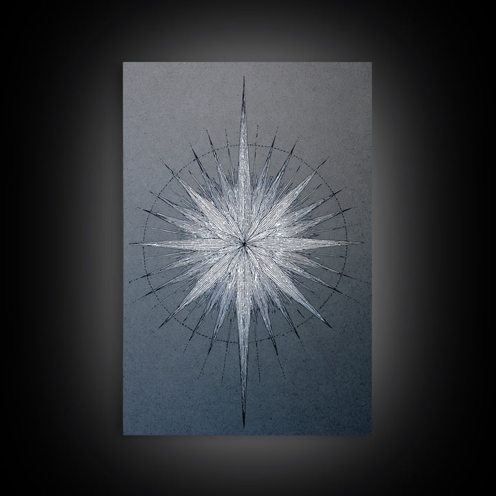 White Silver Radial Starburst Canvas Print, Midcentury Modern Art, Geometric Wall Art, Abstract Print, Blue Office Decor