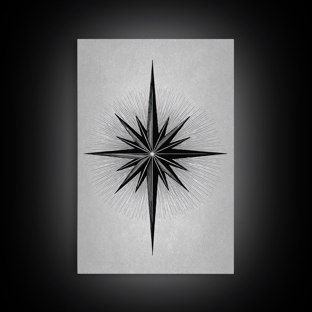 Black Compass Starburst Framed Canvas Print, Midcentury Modern Art, Geometric Wall Decor, Minimalist Art Print, Retro Decor