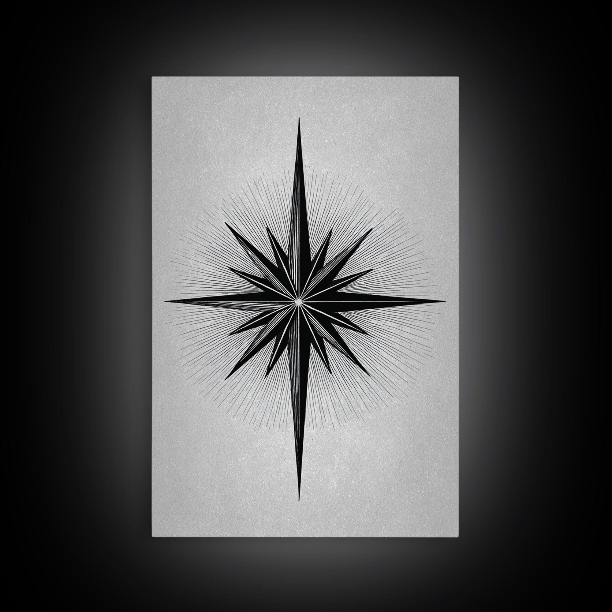Black Compass Starburst Framed Canvas Print, Midcentury Modern Art, Geometric Wall Decor, Minimalist Art Print, Retro Decor