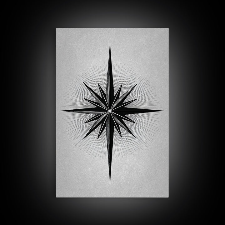 Black Compass Starburst Framed Canvas Print, Midcentury Modern Art, Geometric Wall Decor, Minimalist Art Print, Retro Decor