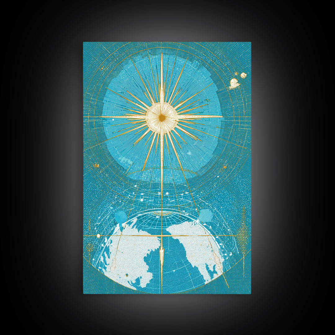 Turquoise Celestial Earth Sunburst Wall Art, Midcentury Modern Space Poster, Atomic Retro Map Print, Blue Office Decor Gift