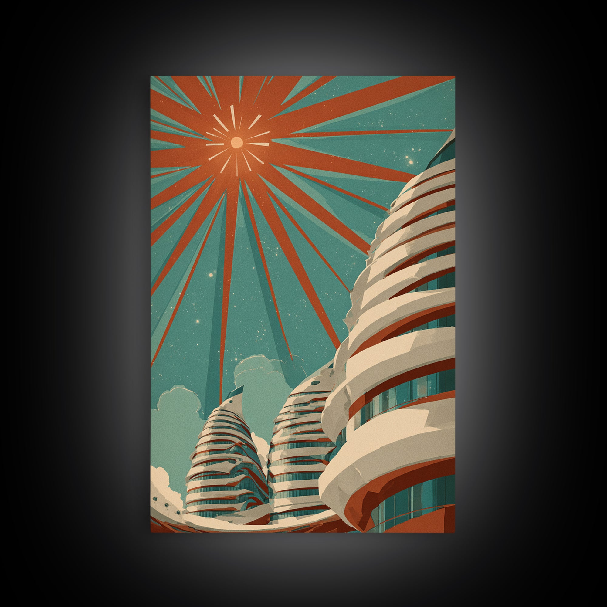 Retro Futurist Towers Wall Art, Midcentury Modern Art, Architectural Art, Palm Springs Art, Travel Poster, Teal Orange Decor