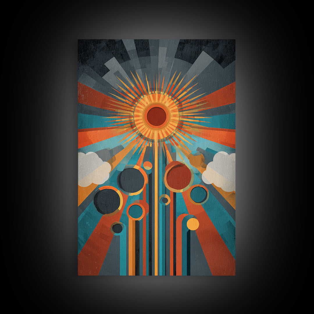 Geometric Solar Eclipse With Retro Planets Wall Art, Midcentury Modern Abstract Poster, Atomic Space Decor, Colorful MCM Print
