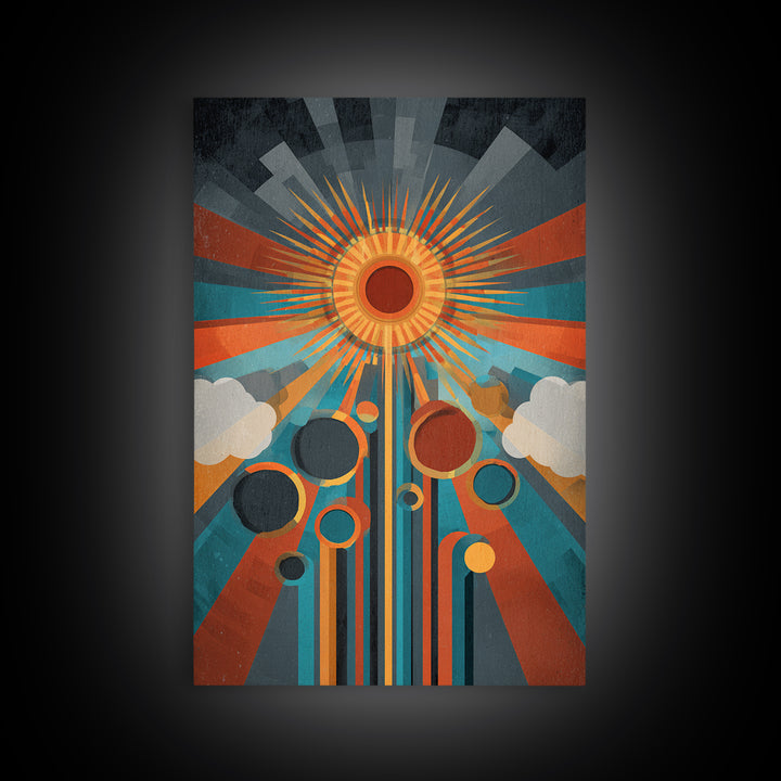 Geometric Solar Eclipse With Retro Planets Wall Art, Midcentury Modern Abstract Poster, Atomic Space Decor, Colorful MCM Print