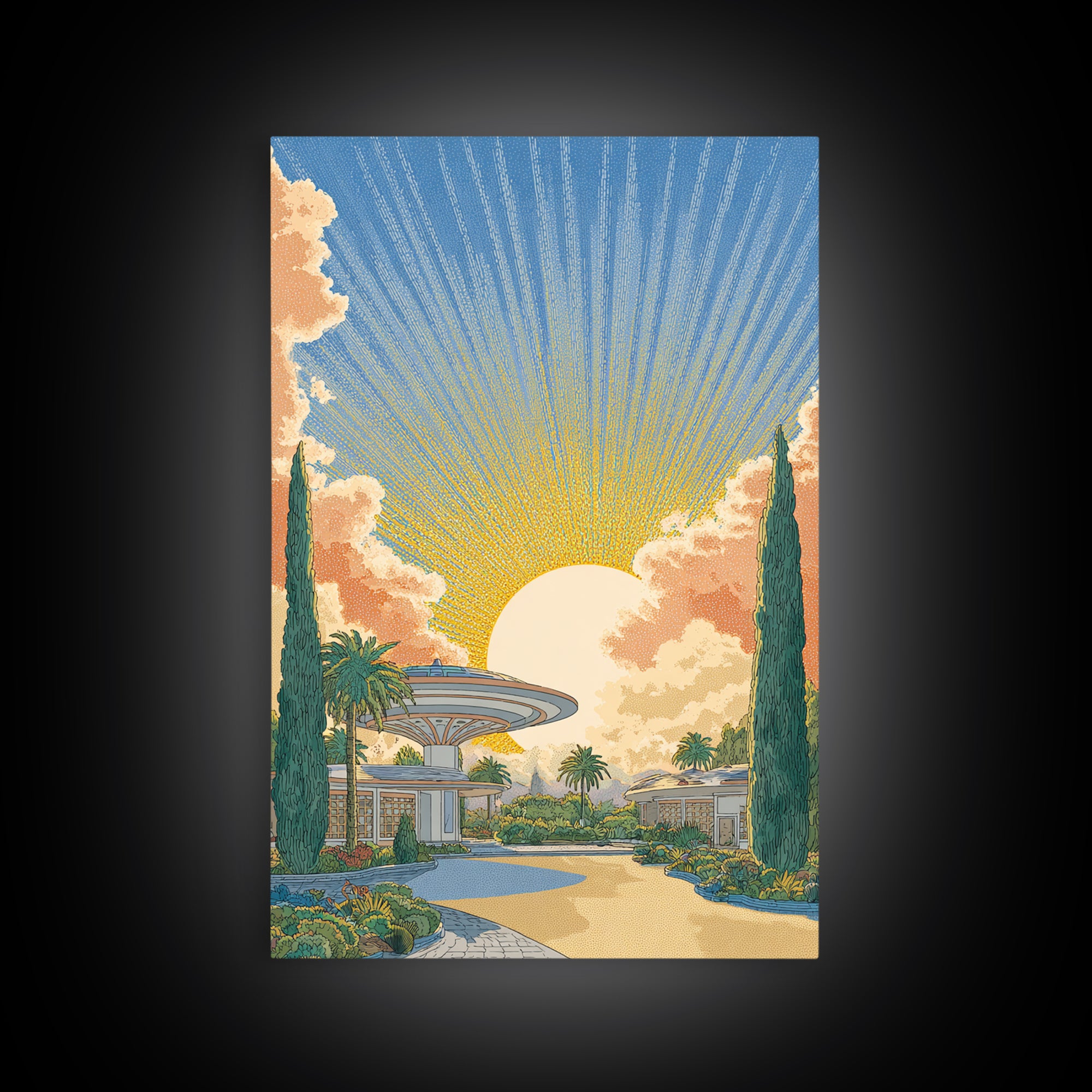 Futuristic Desert Resort Sunrise Wall Art, Midcentury Modern Architecture Poster, Palm Springs Decor, Retro Travel Print