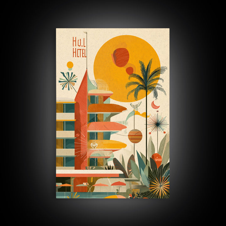 Atomic Hotel With Palms And Sun Canvas Print, Midcentury Modern Wall Art, Retro Palm Springs Poster, Tropical MCM Home Decor