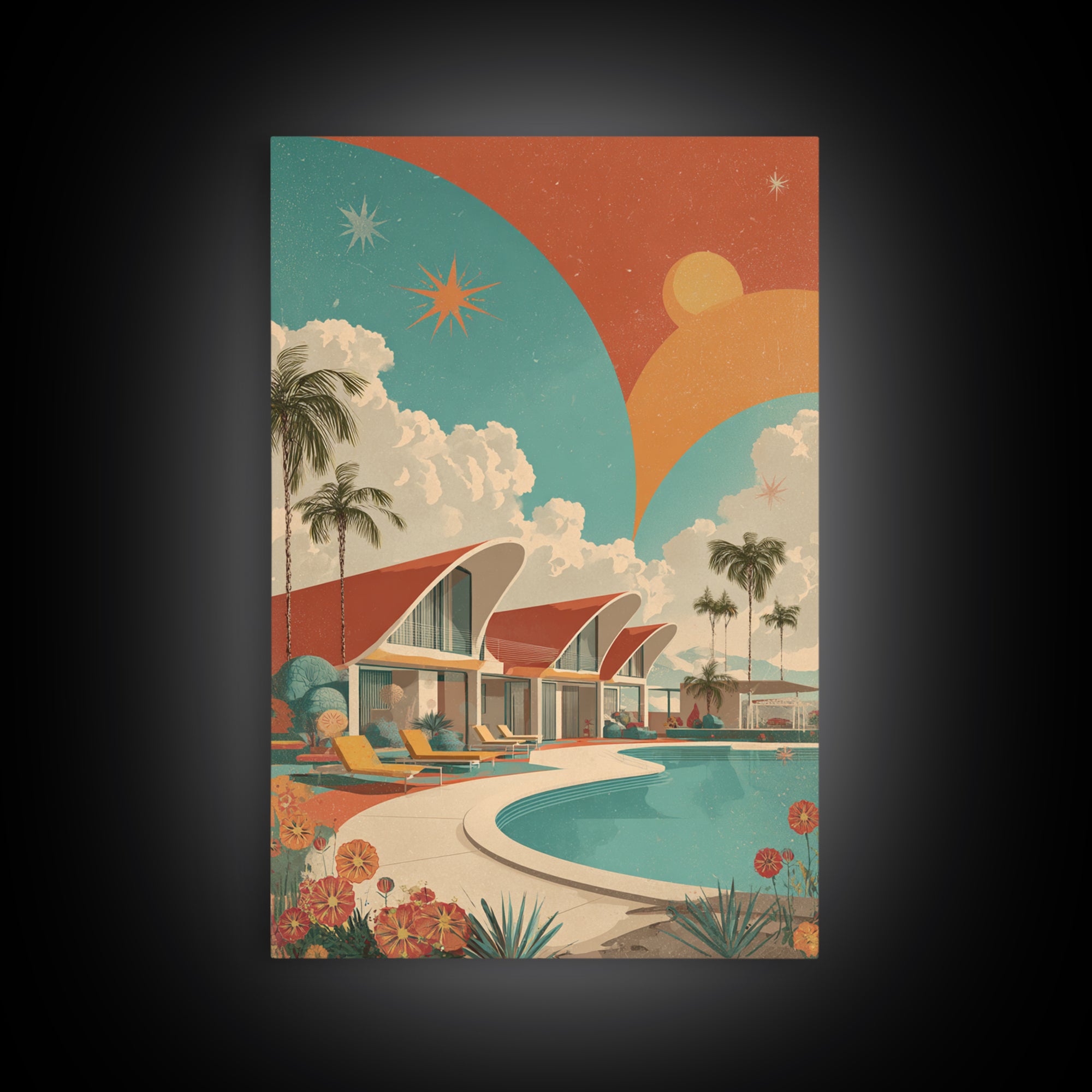 Retro Palm Springs Pool Homes Framed Canvas Print, Midcentury Modern Wall Art, Atomic Ranch Decor, Tropical Sunset Poster