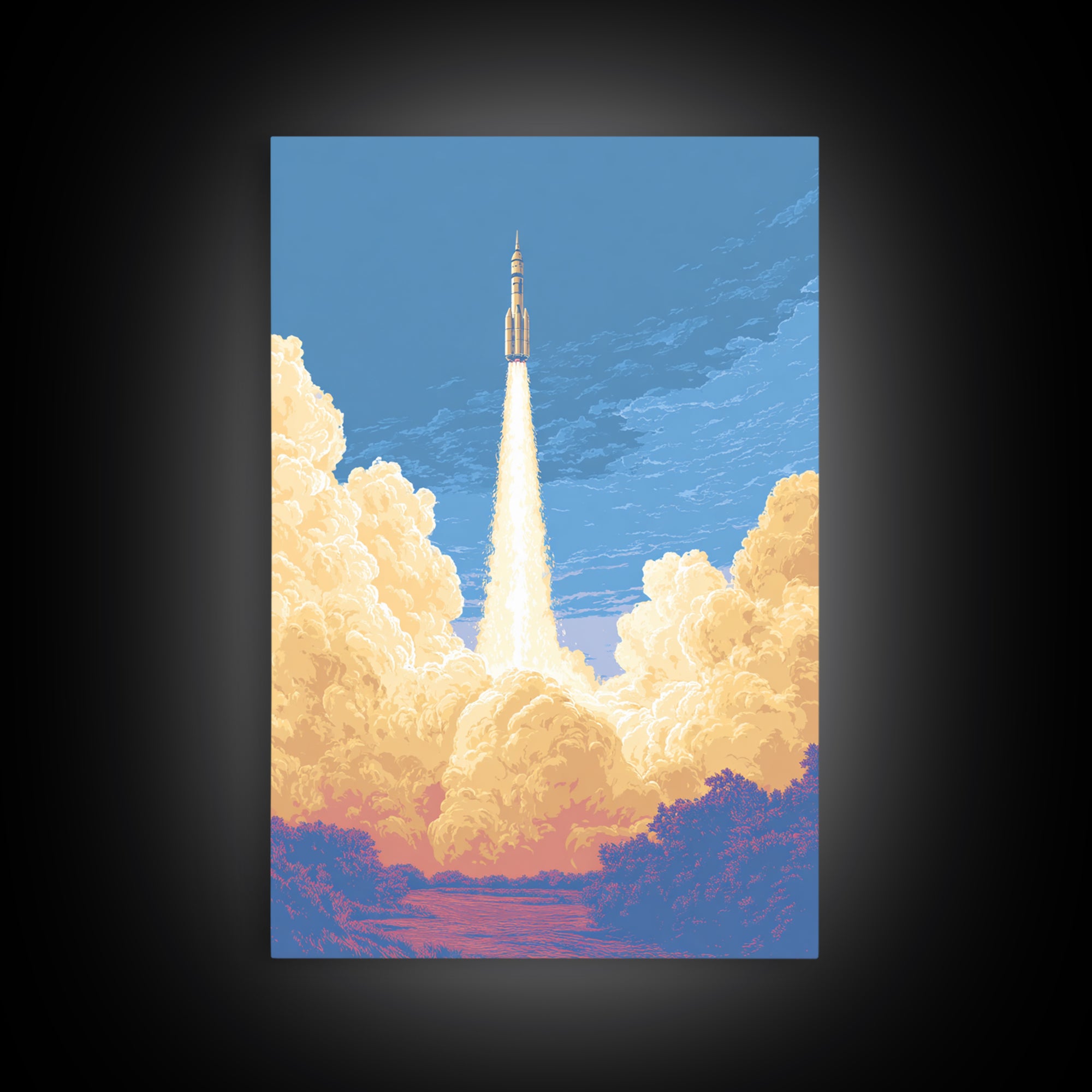 Rocket Launch Through Golden Clouds Wall Art, Retro Space Poster, Sci Fi Wall Decor, Modern Art Print For Office And Man Cave