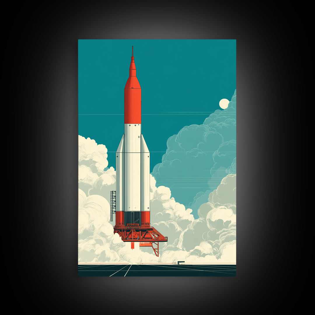 Red Rocket Lift Off In Teal Sky Canvas Print, Retro Space Wall Art, Midcentury Modern Sci Fi Poster, Boys Room Decor Gift