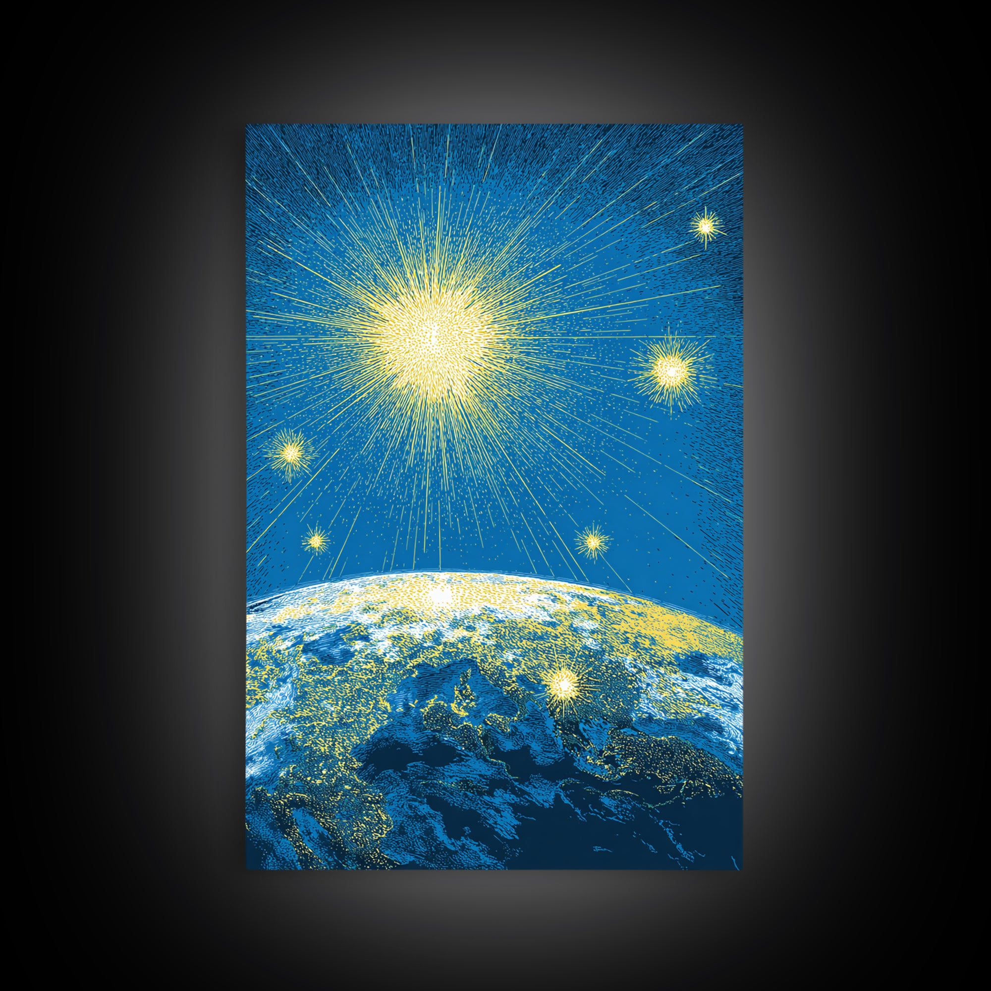 Radiant Earth Horizon Starfield Canvas Print, Midcentury Modern Space Art, Retro Sci Fi Poster, Blue Living Room Decor Gift