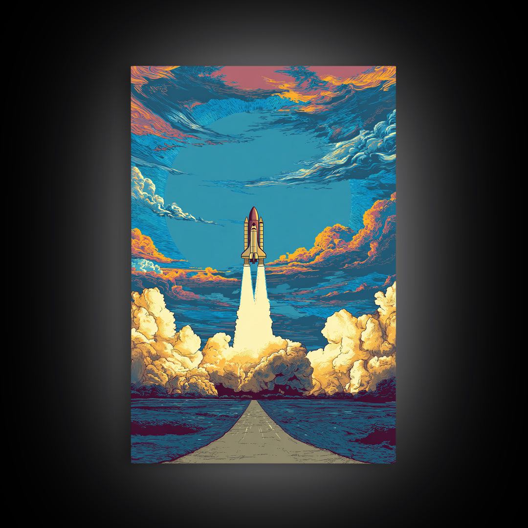 Space Shuttle Rising Over Ocean Road Framed Canvas Print, Retro Sci Fi Wall Art, Modern Space Poster, Dramatic Cloud Decor