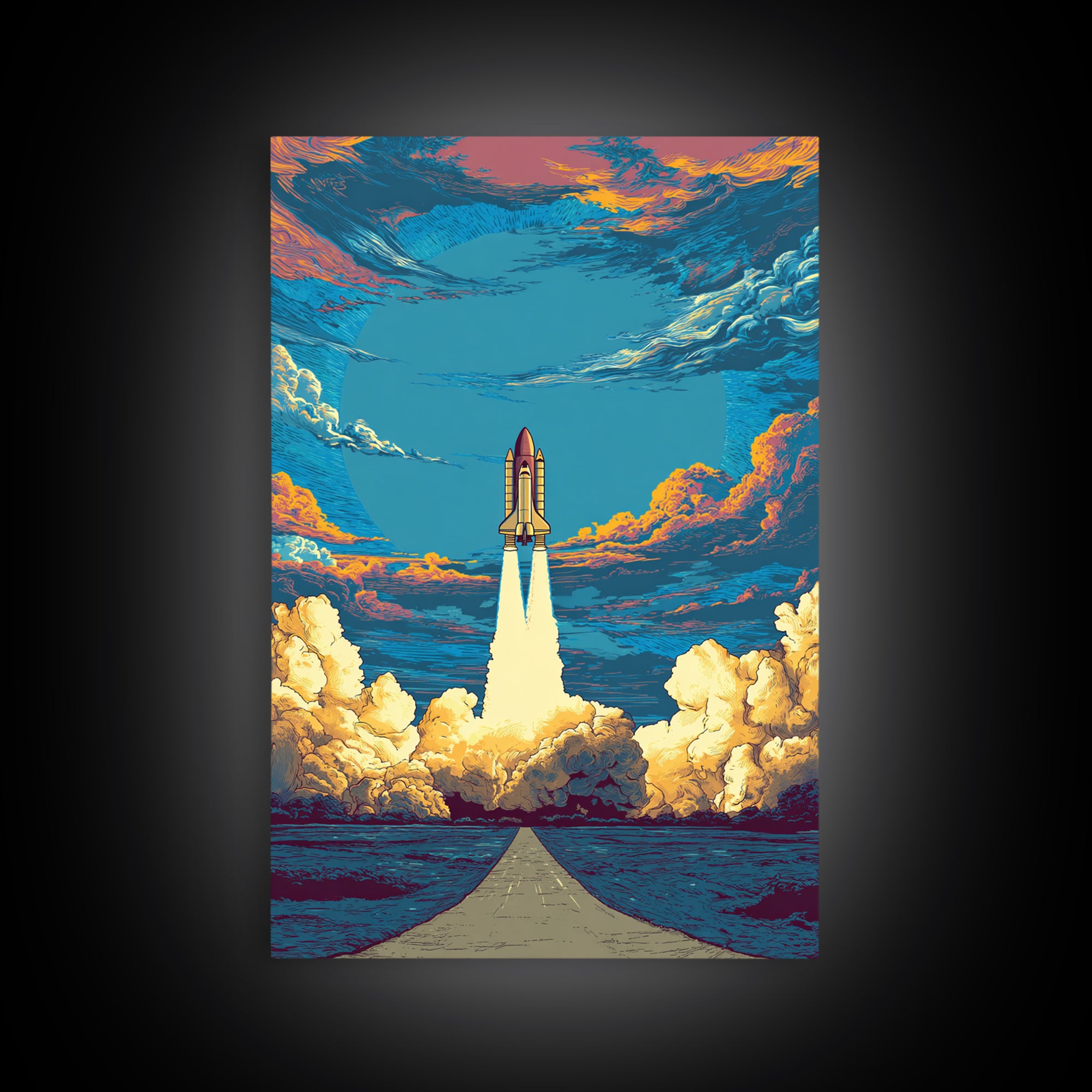 Space Shuttle Rising Over Ocean Road Framed Canvas Print, Retro Sci Fi Wall Art, Modern Space Poster, Dramatic Cloud Decor