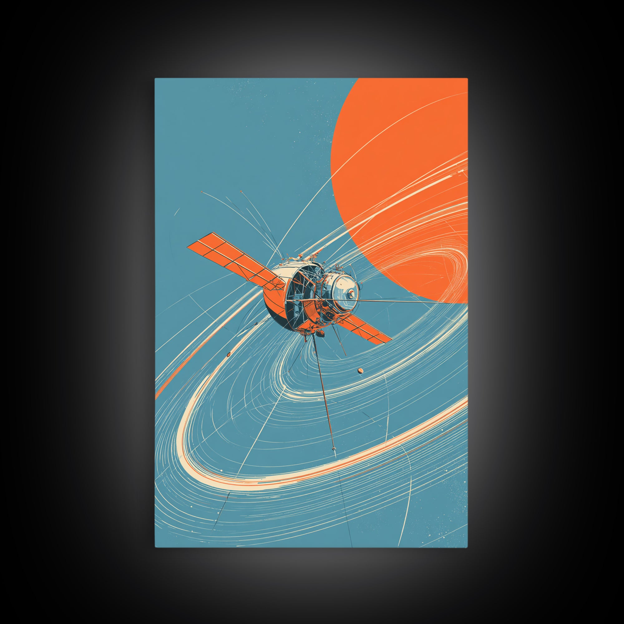 Retro Satellite With Orange Sun, Cosmic Orbit Wall Art, Mid Century Modern Space Poster, Sci Fi Decor, MCM Home Print Gift