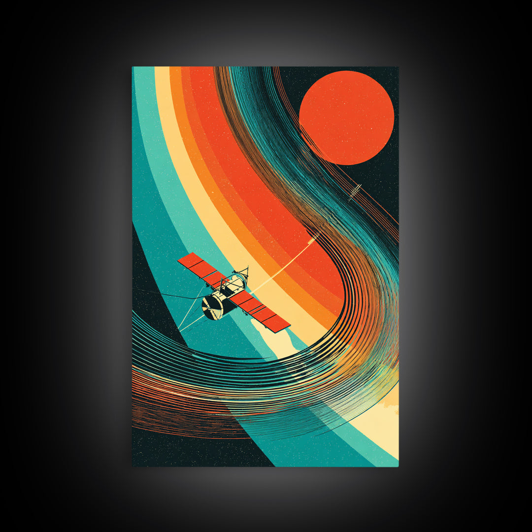 Satellite By Rainbow Planetary Rings, Red Sun Canvas Print, Retro Sci Fi Space Poster, Mid Century Modern Wall Decor Gift