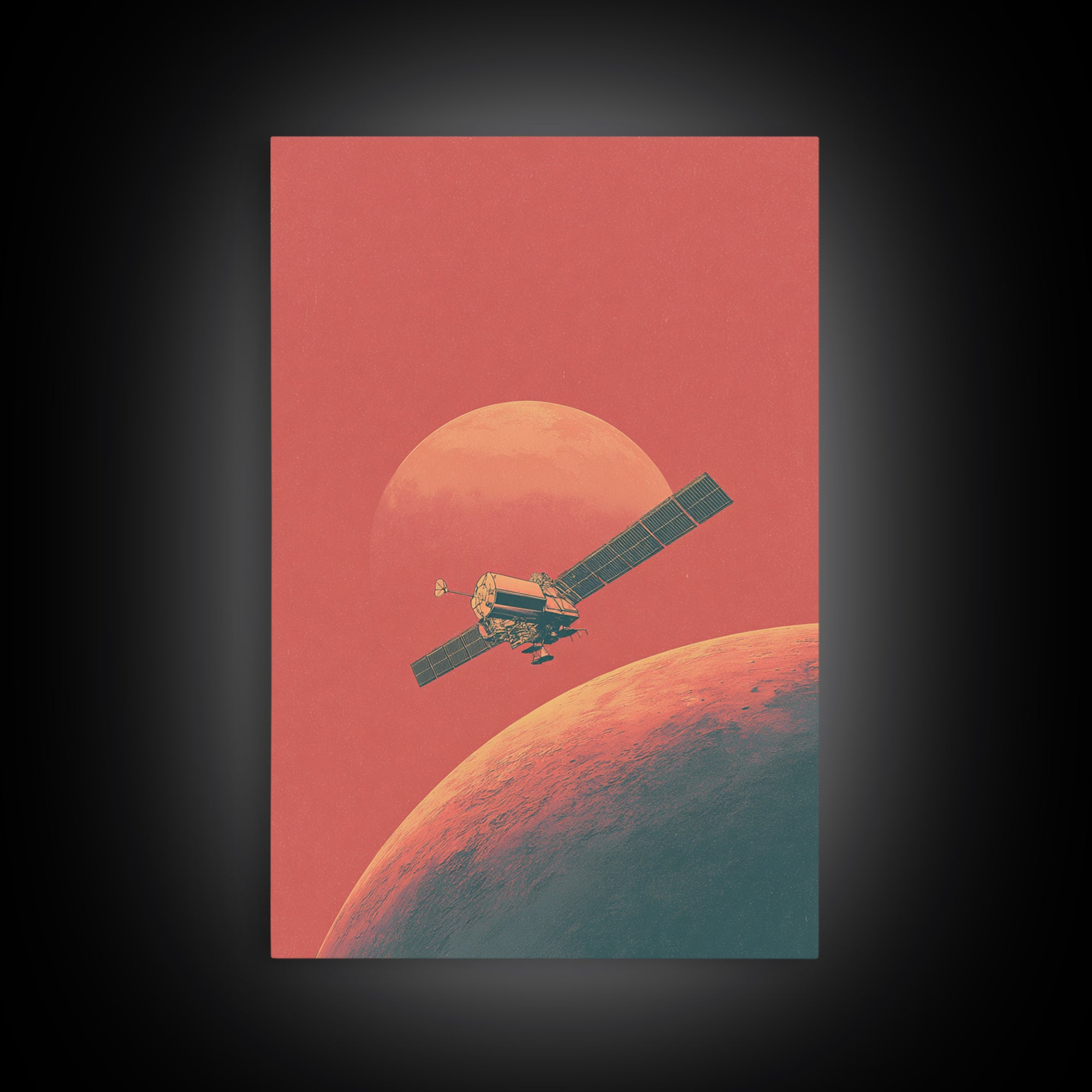 Coral Mars Satellite Over Desert Planet Canvas Print, Minimal Retro Space Poster, Mid Century Modern Home Office Decor Gift
