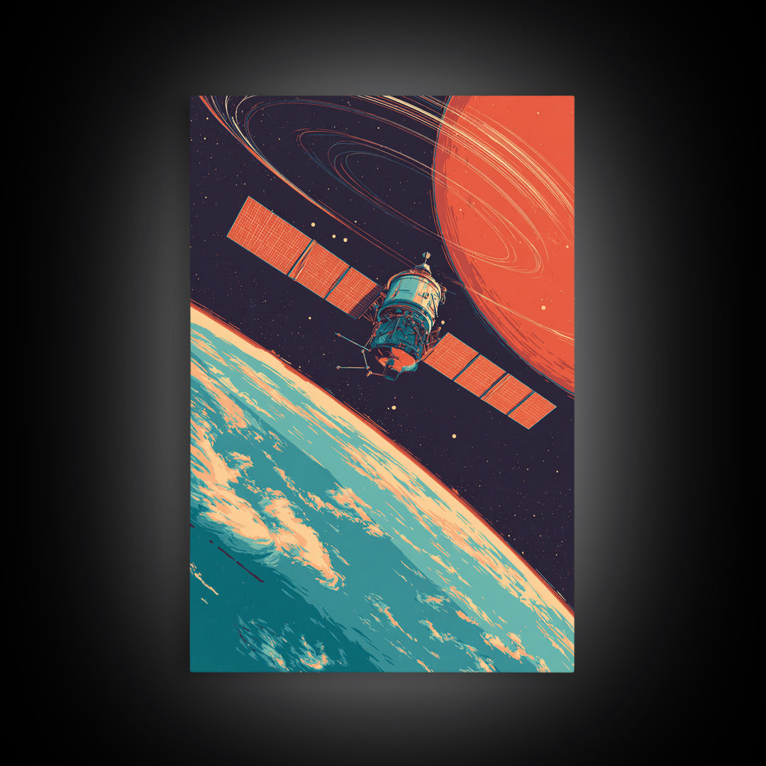 Satellite Orbiting Earth With Ringed Red Planet Framed Canvas Print, Retro Space Poster, Mid Century Modern Wall Decor Gift