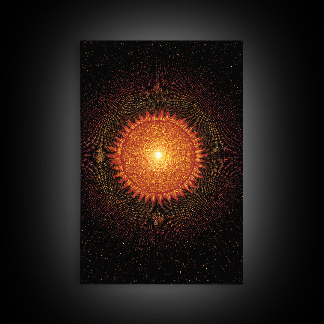 Fiery Abstract Sun Mandala On Black Wall Art, Cosmic Retro Poster, Mid Century Modern Decor, Orange Celestial Print Gift