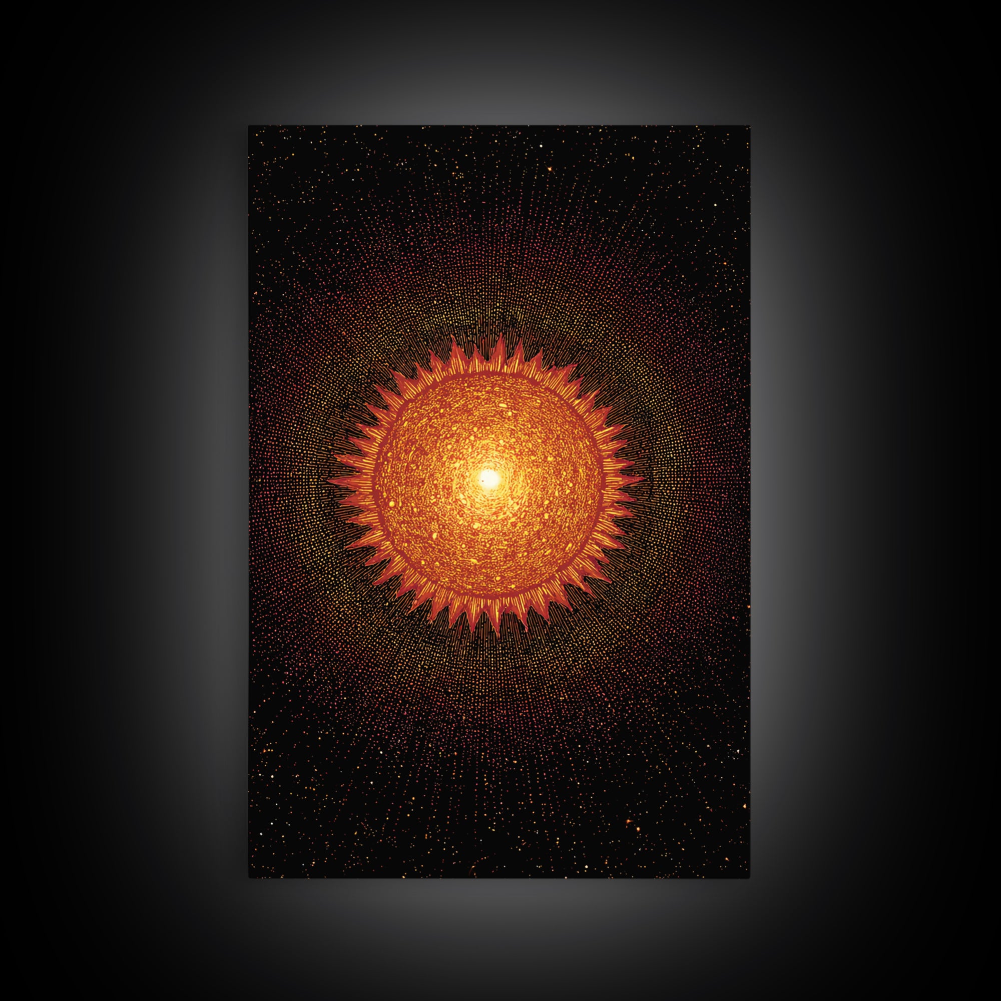 Fiery Abstract Sun Mandala On Black Wall Art, Cosmic Retro Poster, Mid Century Modern Decor, Orange Celestial Print Gift