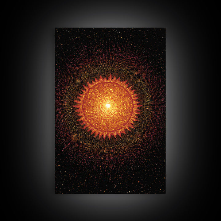 Fiery Abstract Sun Mandala On Black Wall Art, Cosmic Retro Poster, Mid Century Modern Decor, Orange Celestial Print Gift