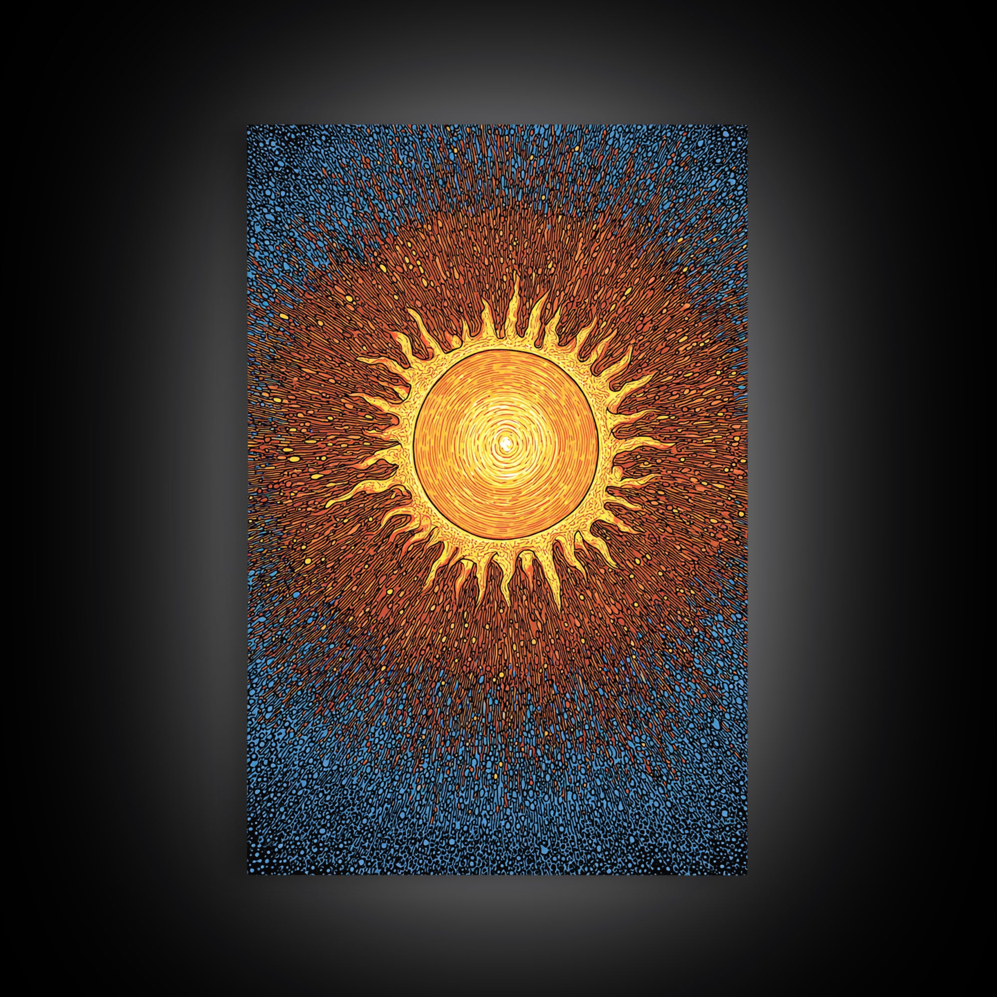 Radiant Orange Sunburst With Blue Texture Canvas Print, Cosmic Wall Art, Mid Century Modern Poster, Groovy Retro Decor Gift