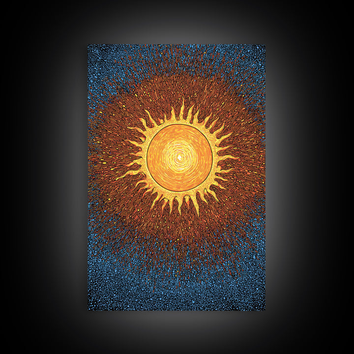 Radiant Orange Sunburst With Blue Texture Canvas Print, Cosmic Wall Art, Mid Century Modern Poster, Groovy Retro Decor Gift