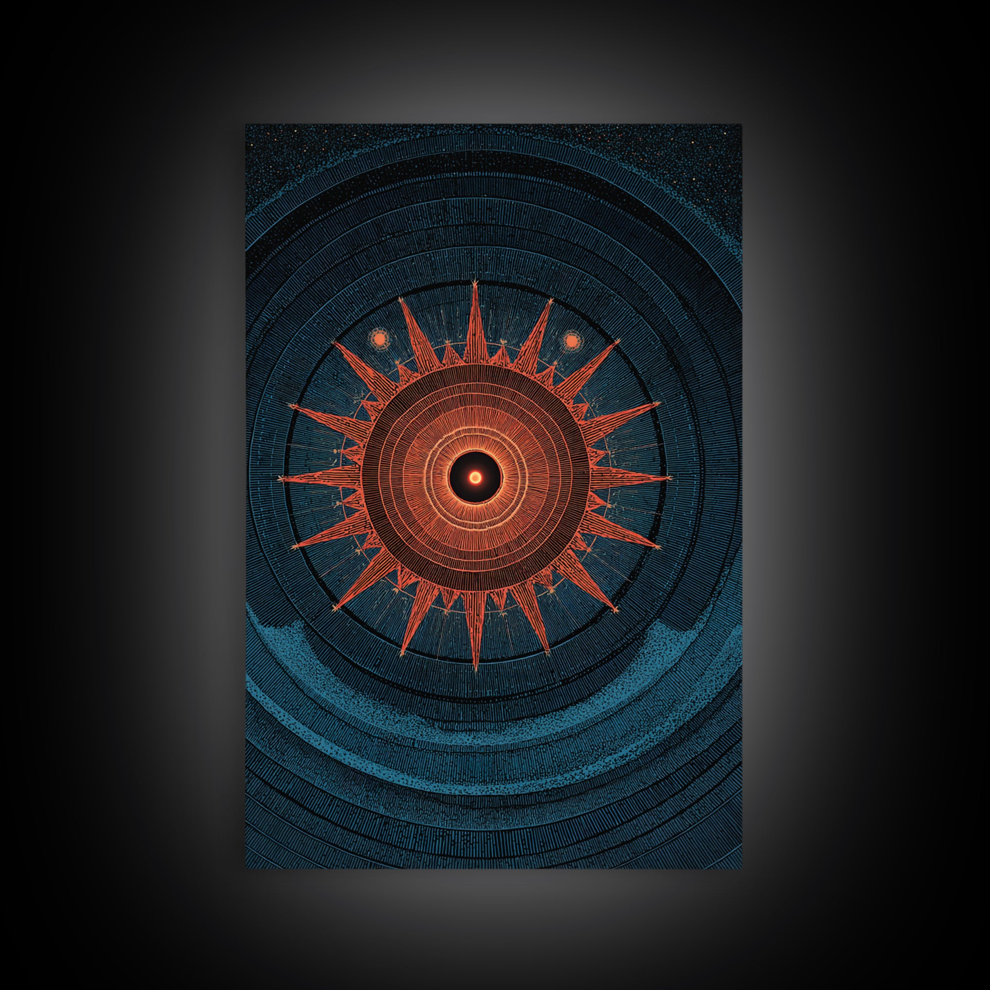 Mystic Solar Eclipse Compass Mandala Wall Art, Retro Sci Fi Poster, Modern Abstract Art Print, Teal Orange MCM Decor Gift