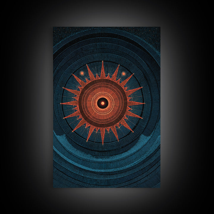 Mystic Solar Eclipse Compass Mandala Wall Art, Retro Sci Fi Poster, Modern Abstract Art Print, Teal Orange MCM Decor Gift