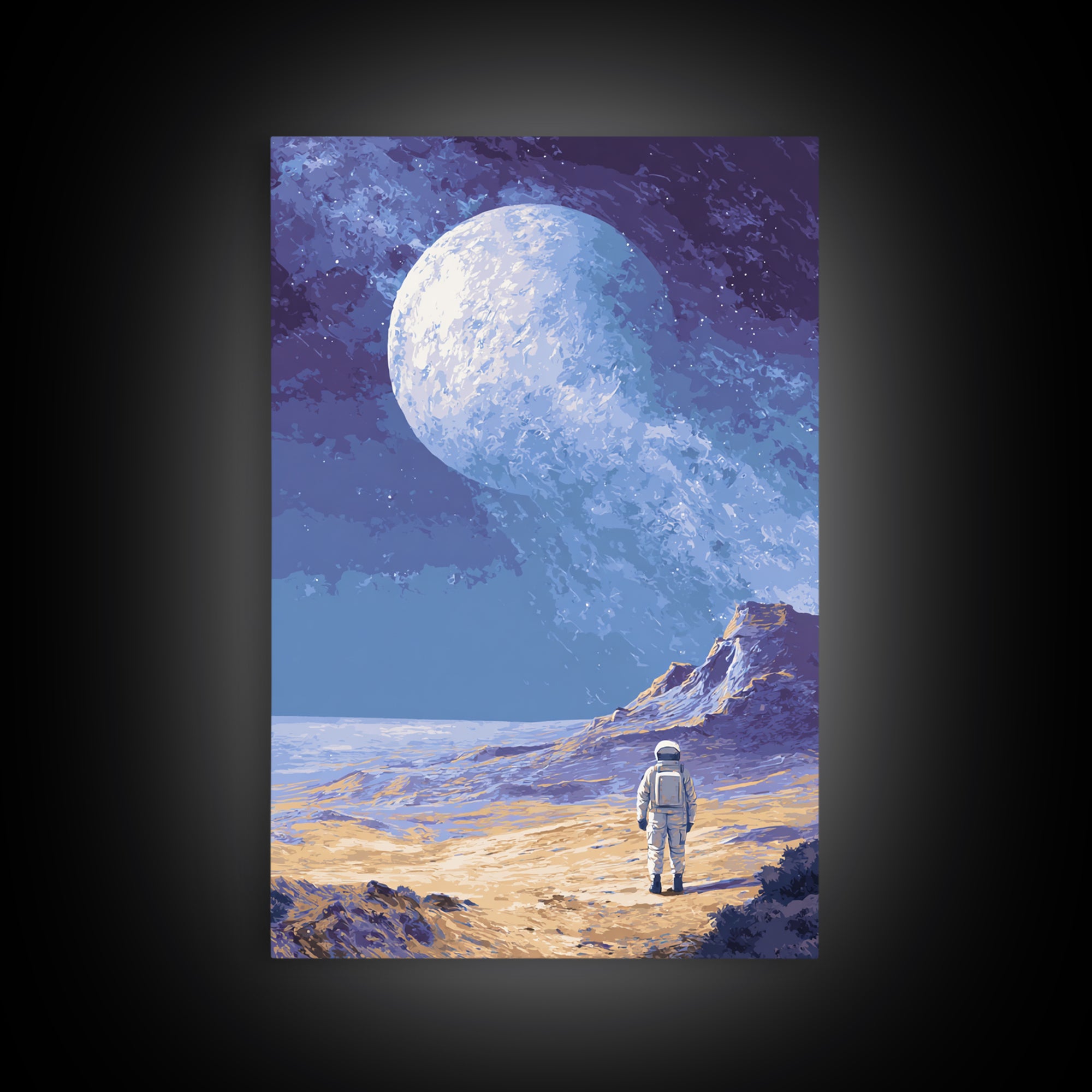 Lonely Astronaut On Icy Moon Wall Art, Retro Sci Fi Space Poster, Blue Planet Landscape, Modern MCM Room Decor Print Gift