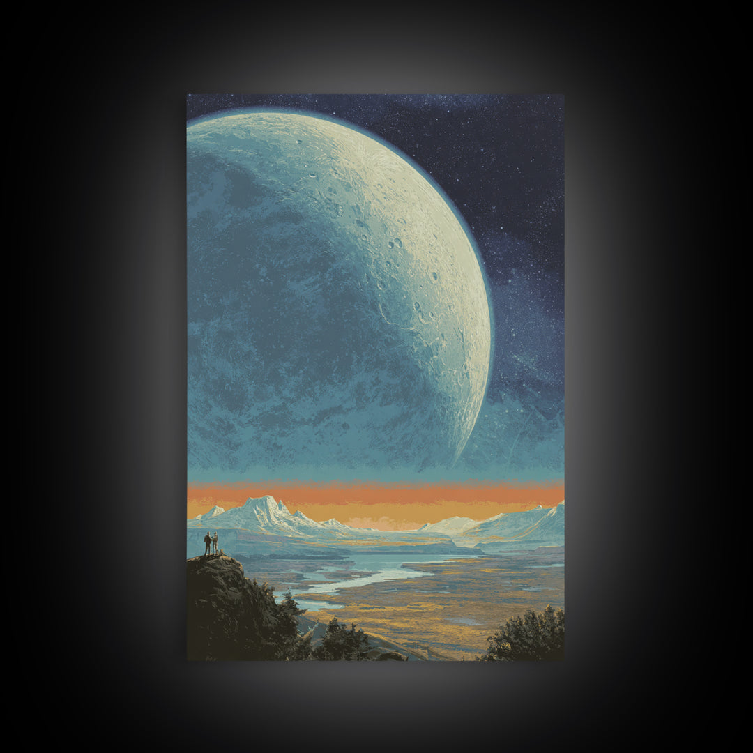 Vast Alien Planet Vista Wall Art, Retro Sci Fi Landscape Poster, Midcentury Modern Space Decor, Cosmic Explorer Print Artwork
